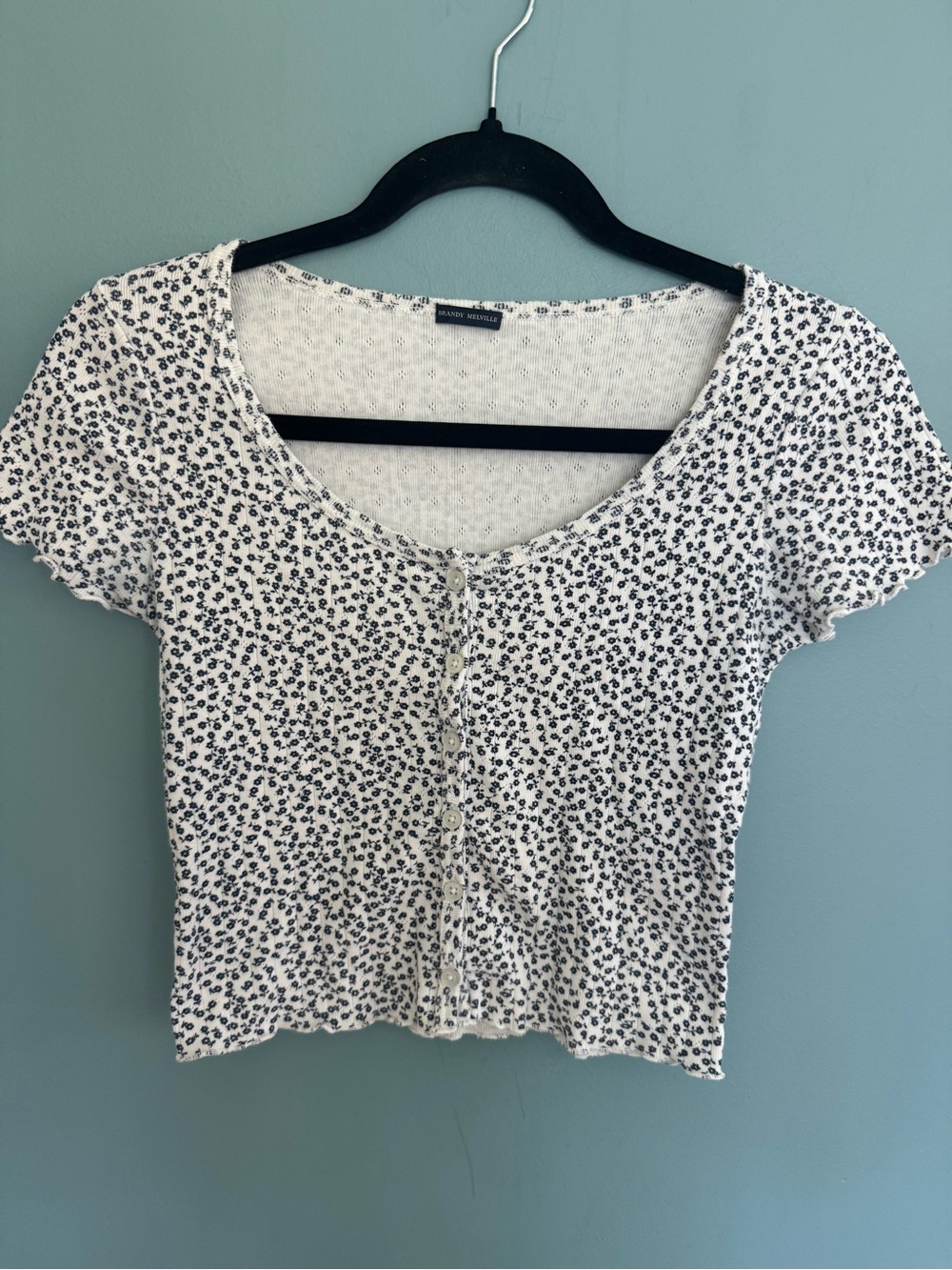 Brandy Melville White Crop Top with Dark Blue Floral Print